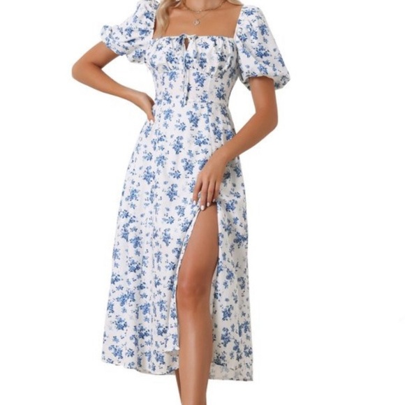 Puff Short Sleeves Floral Printed Maxi Length Flowy Dress - Picture 2 of 4